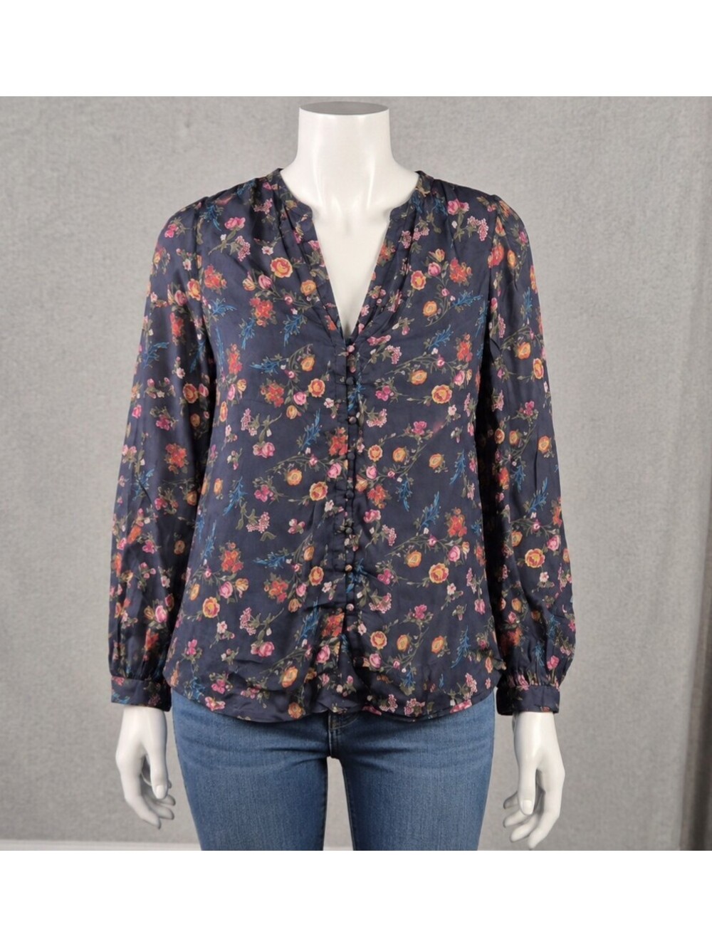 Lucky Brand Women’s Large Navy Floral Button Front Long Sleeve Blouse